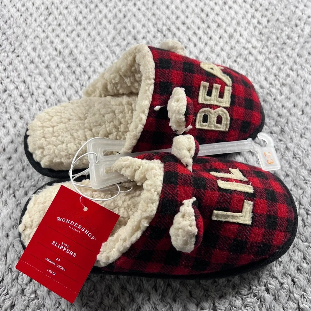 WonderShop Target Kids Lil Bear Buffalo Plaid Sherpa Lined Slippers Size 2-3 NWT